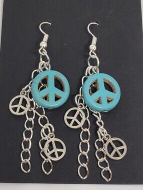 Handmade Turquoise Silver Metal Peace Chain Dangle Earrings